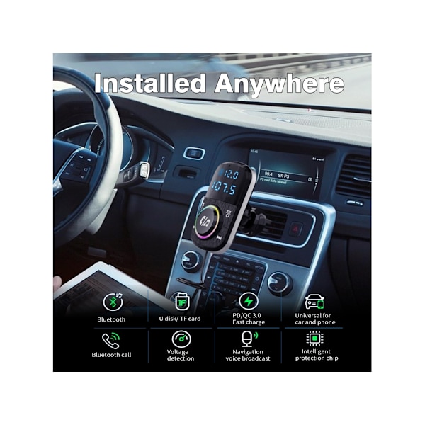 Bil Bluetooth Transmitter FM Transmitter Understøtter Håndfri/Qc3.0&PD Hurtig Oplader/Ambient Lys/Selvklæbende Base&Clip Med