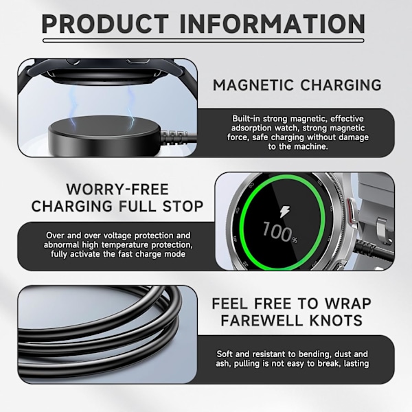 Oplader til Samsung Galaxy Watch 7 5Pro 5 4 3 Active 2, Type-C 100 cm