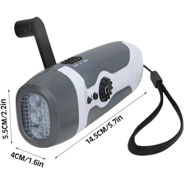 Mini 3 LED Handvevad Ficklampa Portabel FM-radio, Grå