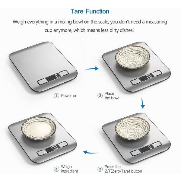 Elektroninen keittiövaaka Tarkkuusvaaka, taara, kapasiteetti 5 kg / 11 lb, ruostumattomasta teräksestä valmistettu herkkä painike taustavalaistu LCD-näyttö Automaattinen virrankatkaisu