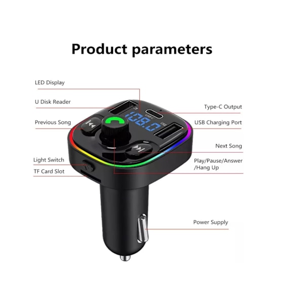 Trådløs Bluetooth Bil FM Radio Transmitter Adapter med Håndfri Opkald 2 USB 1 Type-C PD Oplader,