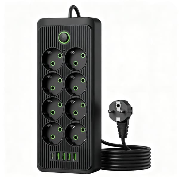 EU-grenuttag med 8 AC-uttag + 4 USB-portar + Type C (svart)