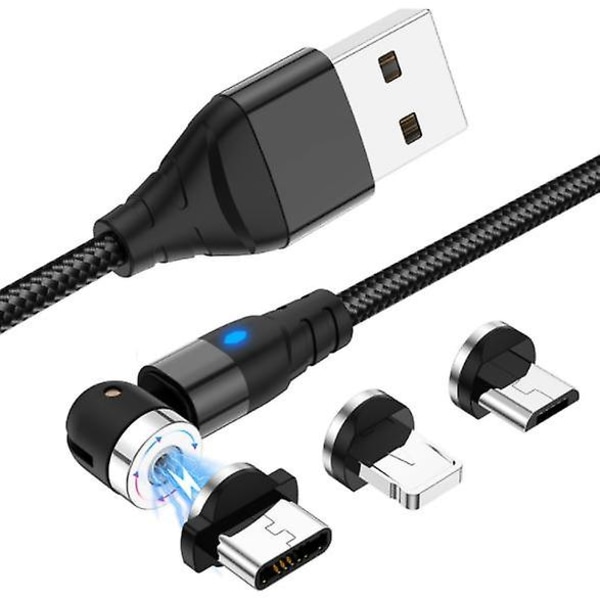Magnetisk kabel, 3 i 1 L formet nylonflettet USB-hurtiglading og datasynkroniseringsledning med LED-lys kompatibel med mikro-usb, type C smarttelefon og