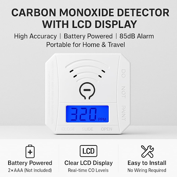 Kolmonoxiddetektor 1-pack, batteridriven, med digital LCD-display