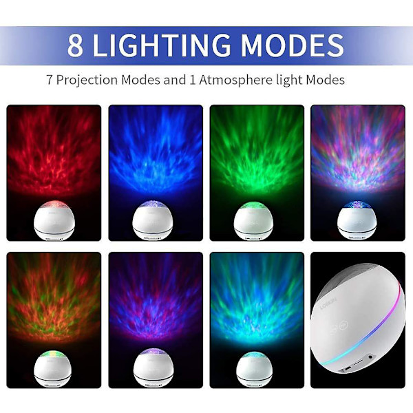 Ocean Wave Night Light-projektor, 8 farvetilstande, indbygget musikafspiller, fjernbetjening og timer (sort)