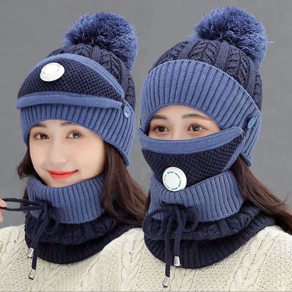 Set hattuhuivisarja, uusi talvihattu lämmin paksu cap kaulalenkkihuivi USB latauskaapelilla blue