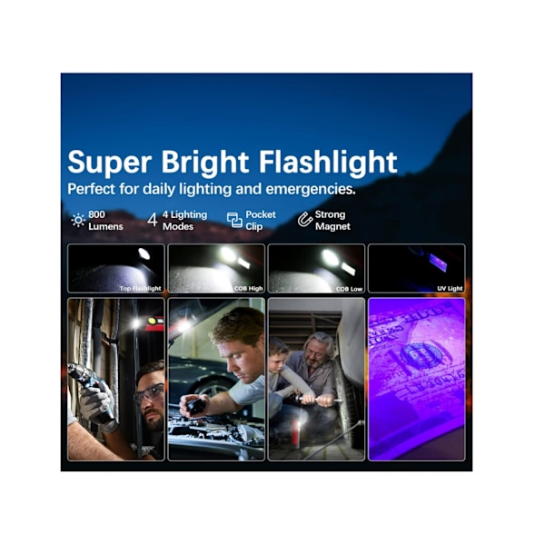 800 Lumens Genopladelig Ultra Lysstærk Lille LED Lommelygte Med COB Arbejdslys Magnetisk Base Og Lommeklips 4 Tilstande Med Rød UV