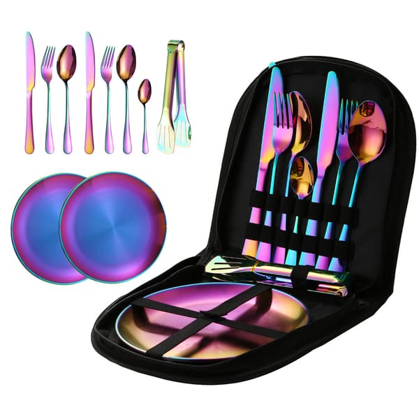 10-pakning reisebestikk med etui, campingpiknik (iriserende) Iridescent