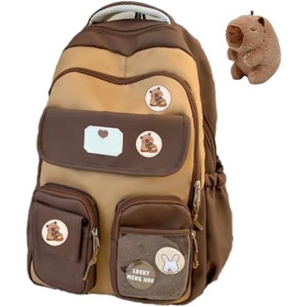 Capybara-reppu kouluun, söpö preppy-tyyliinen reppu kawaii-pinillä ja tarvikkeilla tytöille, ruskea nukella