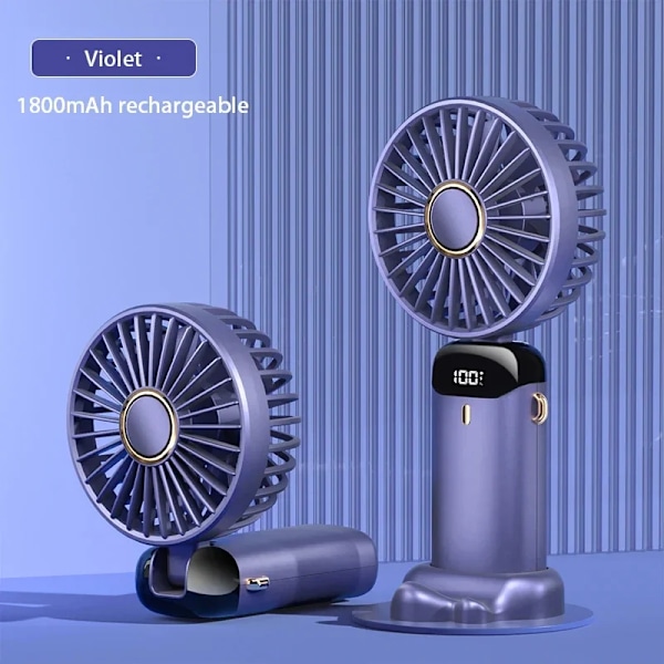 Ventilator - Mini Håndholdt Foldbar, 5 Vindhastigheder Med Mobiltelefonholder Og Display, 1800Mah (Violet)