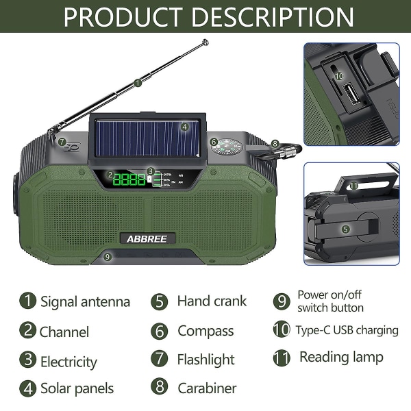 Vihreä Hätäradio 5000mah Aurinkoenergia Käsikampi Kannettava Am/fm/noaa Sos Radio Taskulamolla & Lukulampulla Matkapuhelimen laturi Green