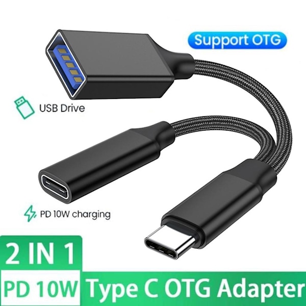 2-in-1 OTG-adapterikaapeli Type-C:stä USB:hen PD10w:n latauksella puhelimiin OTG-muunnin Gray