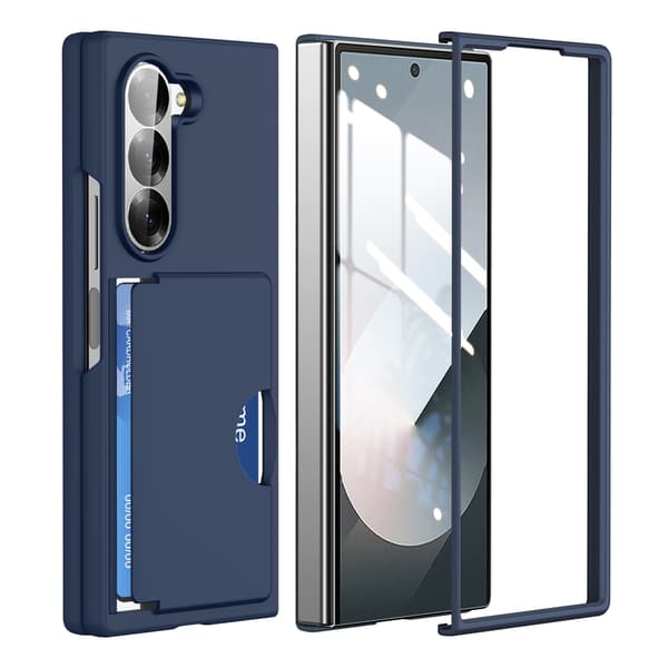 Fodral för Samsung Z Fold 7, korthållare med stöd, hårt PC-bakstycke (mörkblå)