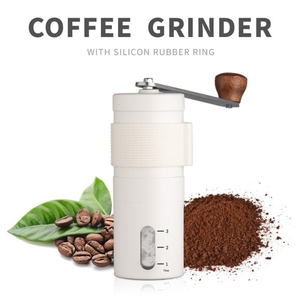 Kaffekværn, med foldbart håndsving til jævn kværning, hvid