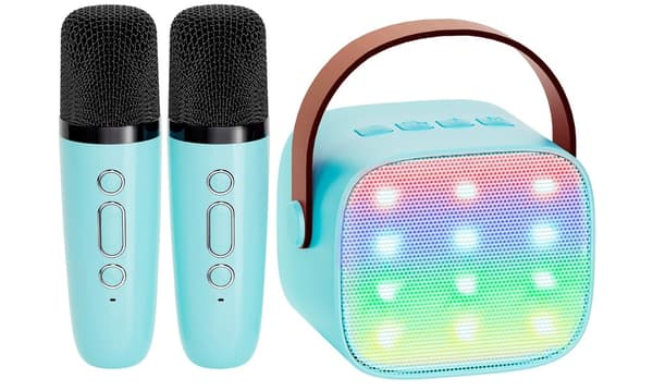 Bluetooth Karaoke-højttaler, med 2 mikrofoner, LED-lys og stemmeforvrænger (himmelblå)