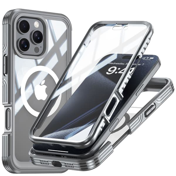 Etui til iPhone 16 Pro Max, 360° fuld kropsbeskyttelse - Kompatibel med Magsafe (grå)
