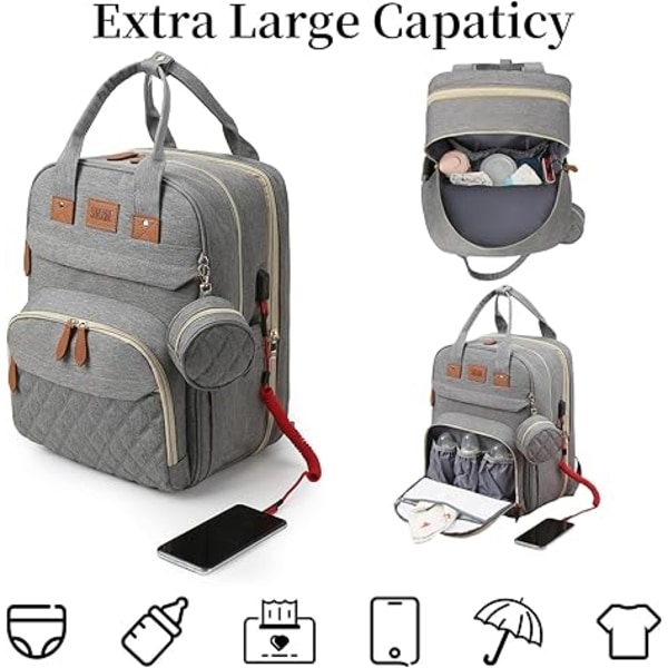 Foldbar Mummytaske, Rygsæk Med Bassinet, Foldbar 300D, Vandafvisende, Vaskbar Vugge Grå
