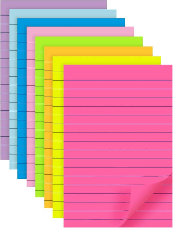 Notesblok - Linjerede sticky notes 4x6 tommer, 8 farver selvklæbende notesblokke, 40 ark/blok