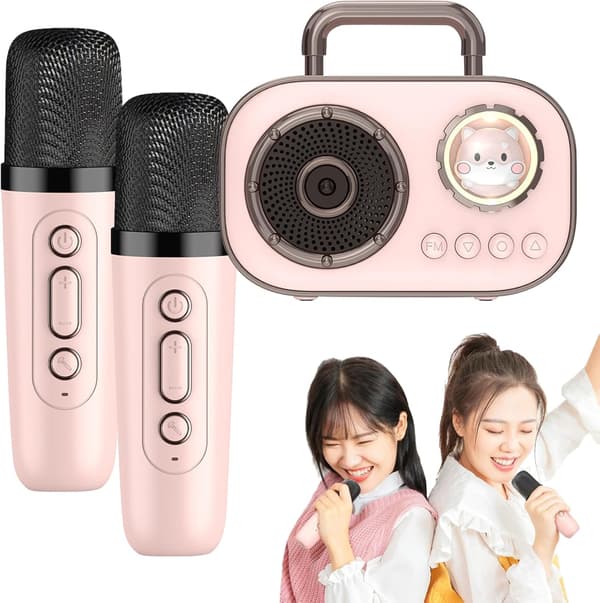 Bluetooth-kaiutin kahdella karaokemikrofonilla, perheen KTV:lle (pinkki)