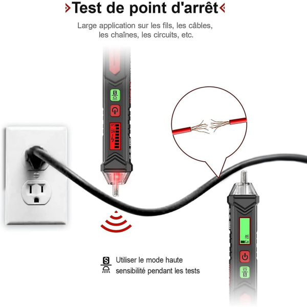 berøringsfri spændingsdetektor, spændingstester med dobbelt følsomhed 12v/48v-1000v, lcd-skærm, live/neutral ledningstest, lommelygte, lyd