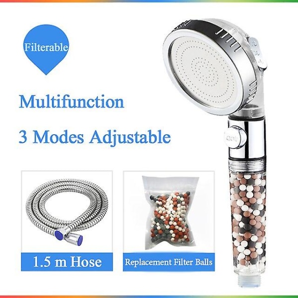 bad 3-funksjons spa dusjhode med bryter stoppknapp høytrykks anion filter badekar hode vannsparende dusj Clear-hose1-beads