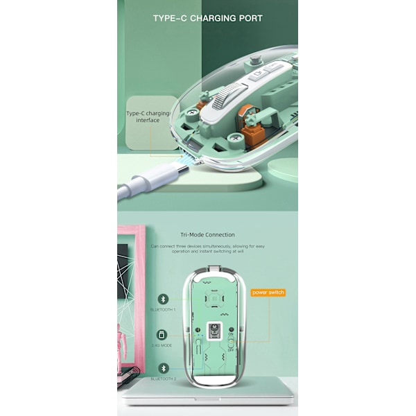 2.4G Transparent Bluetooth Gaming Mus, Tre Tilkoblingsmoduser, Justerbar Dpi (Svart)