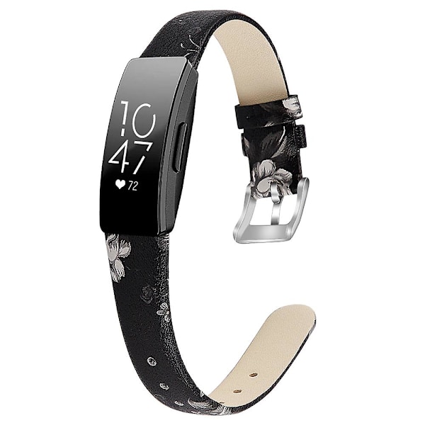 For Fitbit Inspire / Inspire HR älykellohihna, ylin kerros naudannahkaa, rannehihna, koko L-6,7-8,1 tuumaa Black Grey Flower