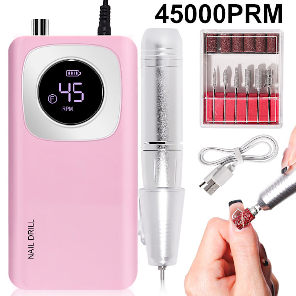 45000 Rpm Elektrisk Nagelborr Kit, Portabel Uppladdningsbar Nagelborr, Nagelpoleringskit Rosa