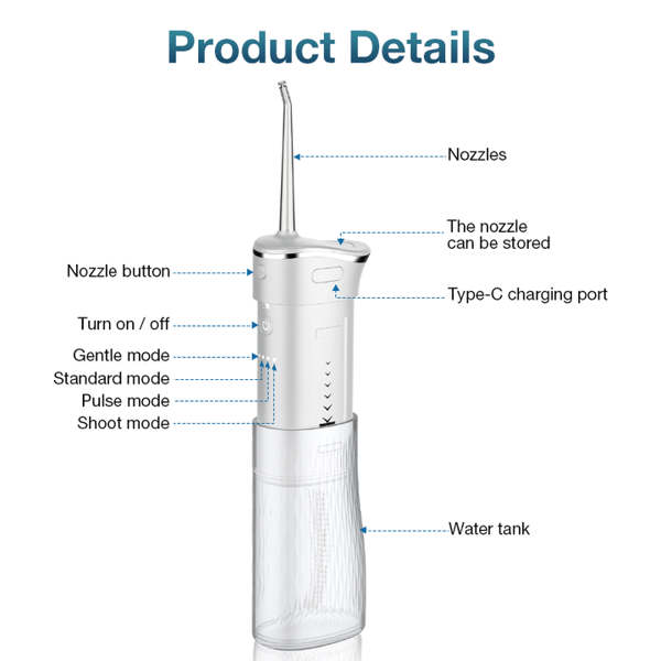 Munnskyller - Ipx7 Vanntett 4 Dyser 200 ml Munnrensing, Hvit