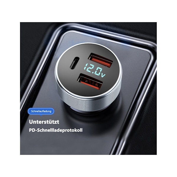 USB Billaddare USB C Med LED Voltmeter Snabbladdning Grå