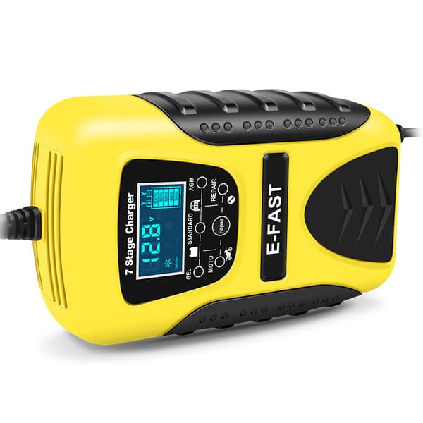 Batterilader 12V 7A Helautomatisk Batteriladermaskin LCD-skjerm Yellow