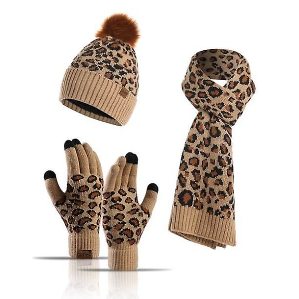 Winter Warm Knit Beanie Hat Scarf Set Pekskärmshandskar för kvinnor Khaki