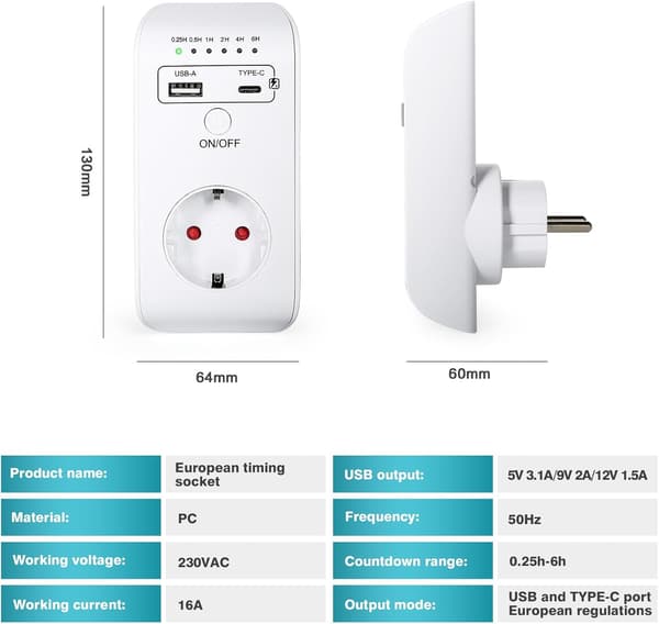 Timerkontakt, nedtelling programmerbar 6 timers tidsinnstilling, AC 230V