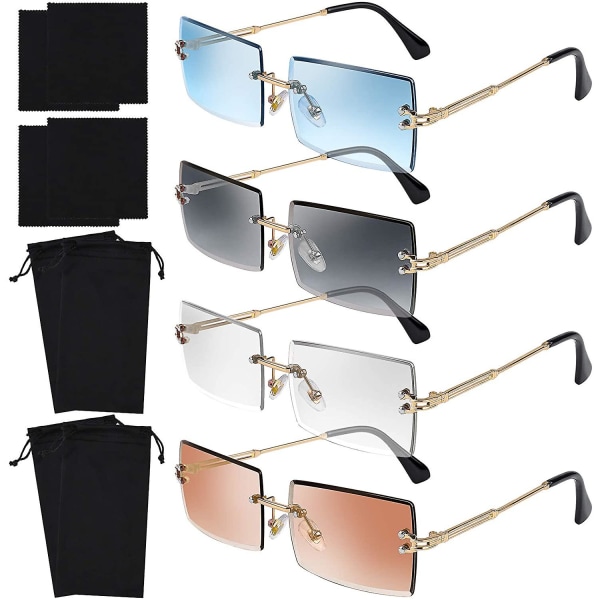 4-pak kantløse rektangulære solbriller Vintage kantløse briller Retro solbriller Metalramme briller kompatible med mænd, kvinder