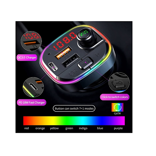 Bluetooth 5.0 FM-lähetin autoon 71 värin RGB-taustavalolla, 18W PD-laturi ja QC3.0