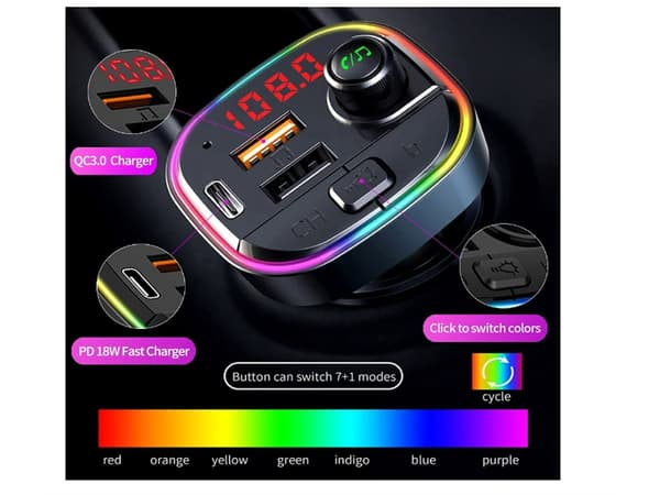 Bluetooth 5.0 FM-sender til bil, 7+1 farver RGB-baggrundslys Bluetooth biladapter, oplader,