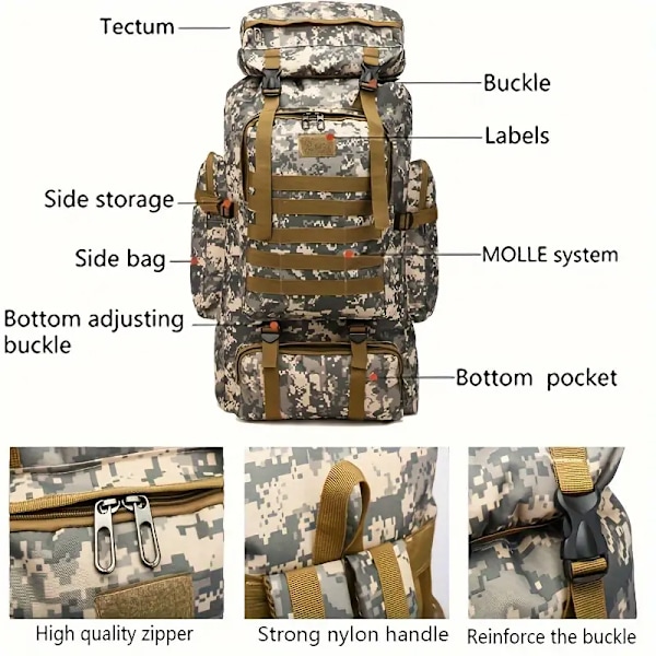 Ulkoilun retkeilyyn ja vaellukseen taktinen reppu, 80L suuri kapasiteetti (Khaki)