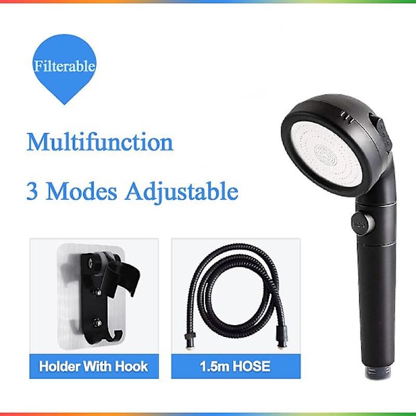 badeværelse 3-funktions spa brusehoved med kontakt stop knap højtryk anion filter badekar hoved vandbesparende bruser Black-hose1-holder