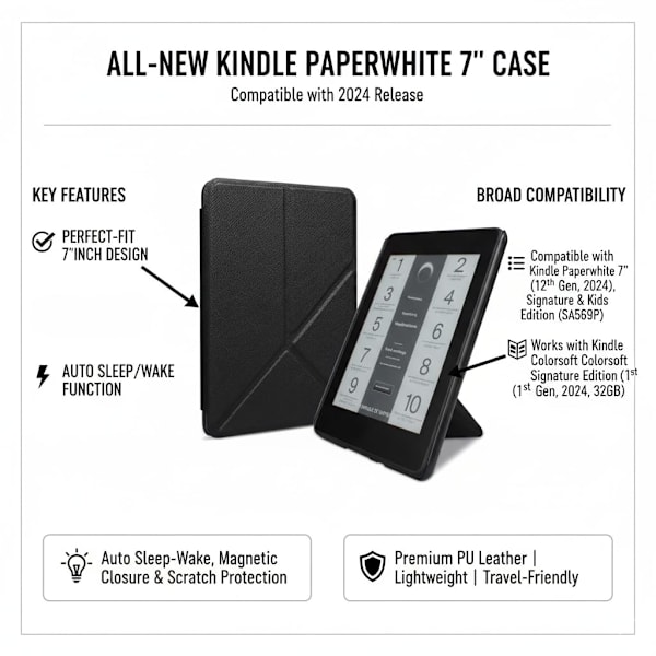 Etui - Til 7 tommer Kindle Paperwhite 12. generation 2024, deformerbart foldbart beslag (sort)
