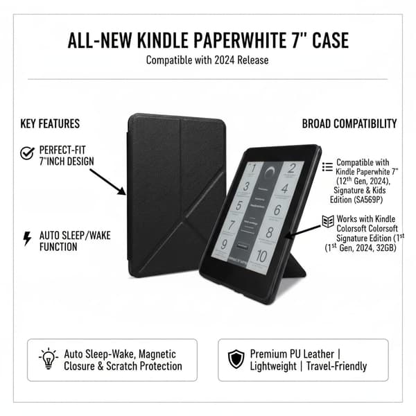 Fodral - För 7 tums Kindle Paperwhite 12:e generationen 2024, deformerbart vikbart fäste (svart)
