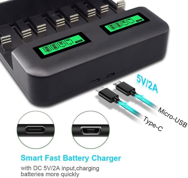 Batterioplader til 8 pladser, med LED-lys, USB hurtigopladning til AA AAA-batterier