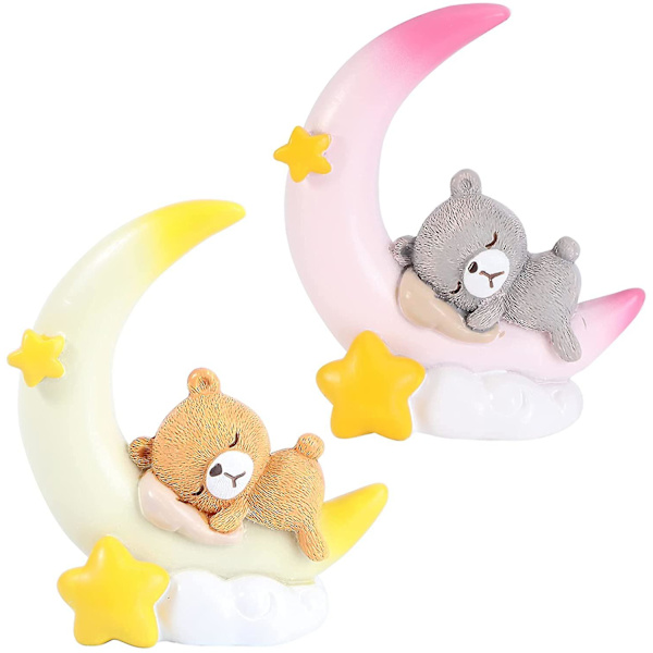 2st Tårtstaty Mån Tårt Topper Bear & Moon Tårtdekoration (rosa och gul)