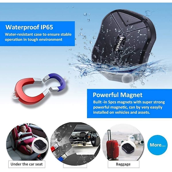 Winnes GPS Tracker, Vattentät Bil Tracker Anti-Lost GPS Locator Uppladdningsbar GPS Tracker för bil/fordon/motorcykel TK905 (svart)