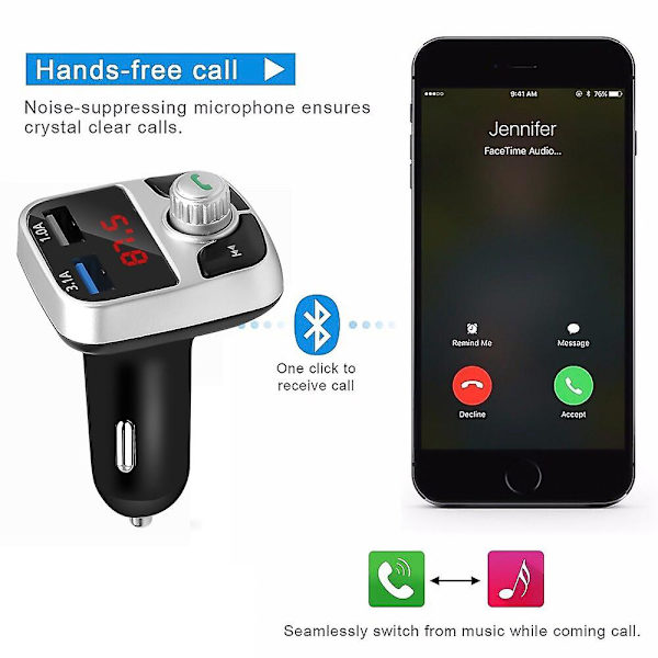 QC2.0 Bluetooth 4.2 MP3-afspiller Håndfrit bilsæt FM-senderstøtte TF-kort U Disk 3.1A hurtig dobbelt USB-oplader strømadapter