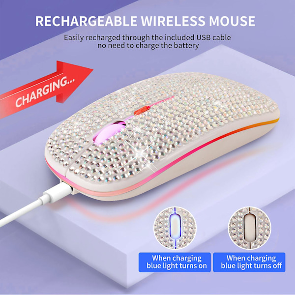 Bländande uppladdningsbar trådlös Bluetooth mus med Crystal Diamond Rgb-bakgrundsbelyst Sliver