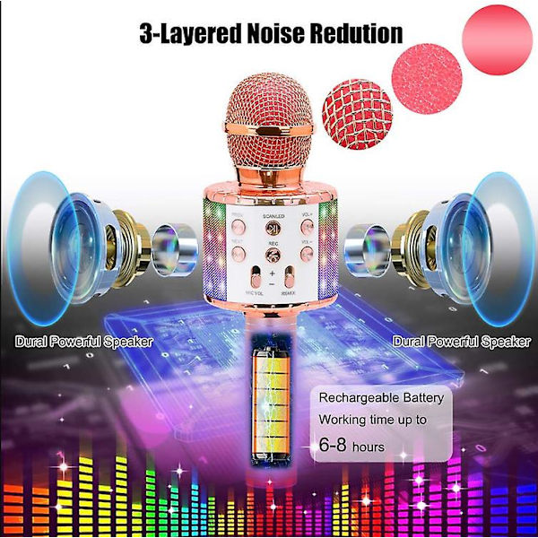 Karaoke trådlös mikrofon med led-ljus, bärbar mikrofon för barn Rose gold
