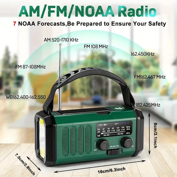 10 000 mAh nödradio: NOAA AM/FM väderradio med handvev (grön)