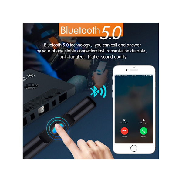 Bil Stereo Bluetooth Kassettmottaker Bluetooth 5.0 Kassett Aux Adapter for Kassettspiller Svart