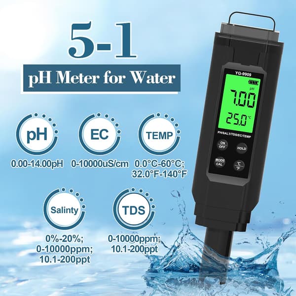 5-i-1 Digital Vanntester, TDS, Saltholdighet, EC, Temp, pH-måler for Vann