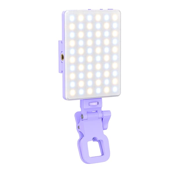 60 LED Selfie-lys med front- og bakklips, oppladbart, med 3 lysmoduser (lilla)